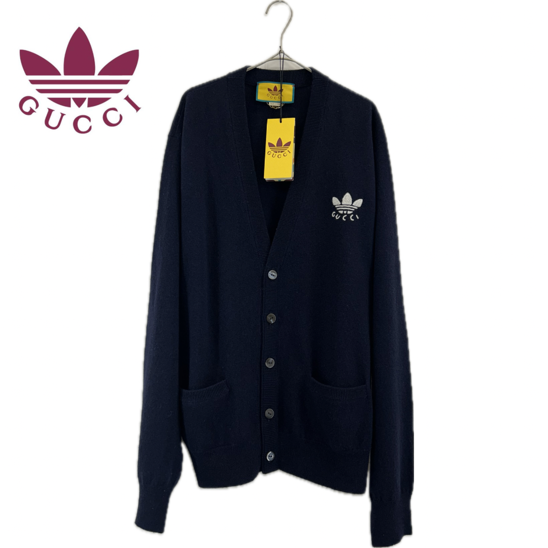 Gucci(グッチ)の【GUCCI×adidas グッチ×アディダス Logo embroidered wool knit cardigan トレフォイル エンブロイダリーウールニットカーディガン ネイビー XL 正規品】 メンズのトップス(カーディガン)の商品写真