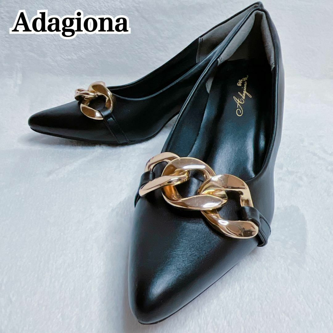 Adagnoia ゴールドチェーン パンプス インナークッション ブラック LL レディースの靴/シューズ(ハイヒール/パンプス)の商品写真