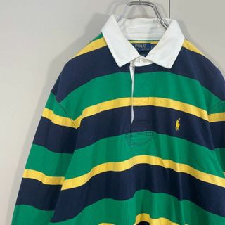 ポロラルフローレン(POLO RALPH LAUREN)の【人気グリーン】ポロラルフローレン 長袖ラガーシャツ古着ロゴ刺繍サイズLボーダー(ポロシャツ)