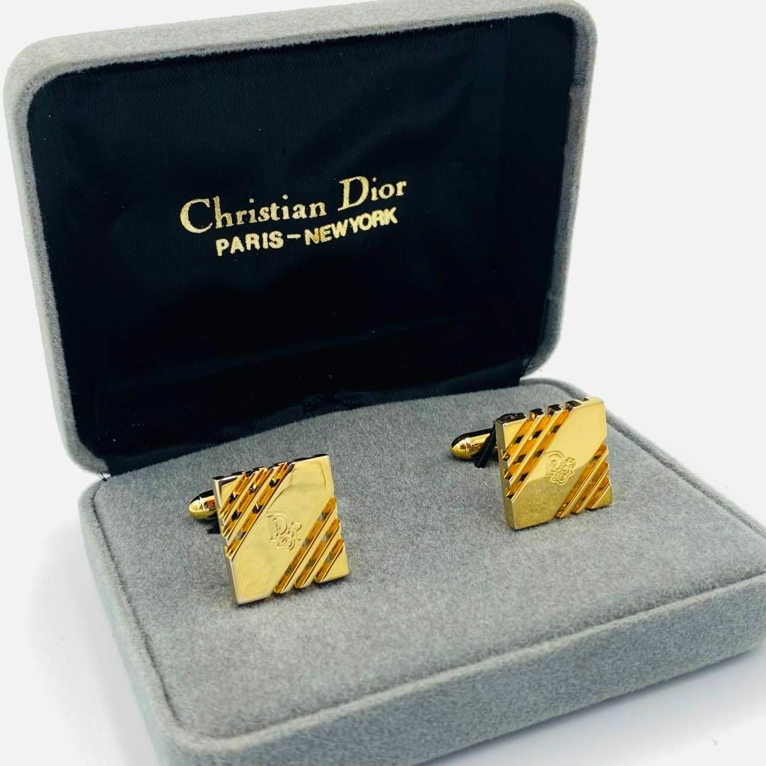 Christian Dior(クリスチャンディオール)の美品 ★Dior★ カフリンクス トロッター スクエア ボーダー ゴールド 箱 メンズのファッション小物(カフリンクス)の商品写真