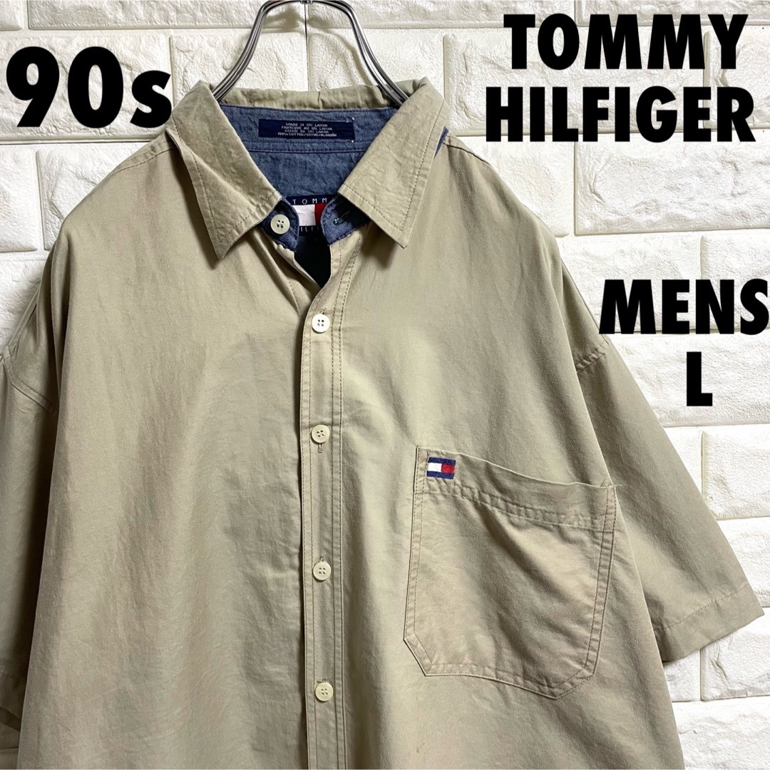 TOMMY HILFIGER(トミーヒルフィガー)の90s トミーヒルフィルガー　半袖シャツ　刺繍ロゴ　メンズLサイズ メンズのトップス(シャツ)の商品写真