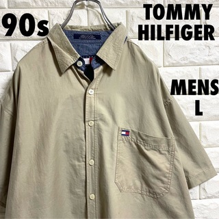 トミーヒルフィガー(TOMMY HILFIGER)の90s トミーヒルフィルガー　半袖シャツ　刺繍ロゴ　メンズLサイズ(シャツ)