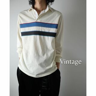 ヴィンテージ(VINTAGE)の【vintage】ライン デザイン ボーダー 長袖 ポロシャツ 白 USA製 L(ポロシャツ)