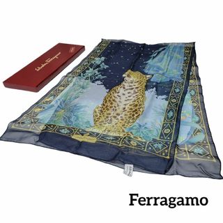 サルヴァトーレフェラガモ(Salvatore Ferragamo)の【極美品】Ferragamo ストール 138×41薄手 パンサー 夜空 シルク(ストール/パシュミナ)