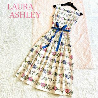 ローラアシュレイ(LAURA ASHLEY)の極美品 ローラアシュレイ ロングワンピース 7号 S-M フレア リネン 花柄(ロングワンピース/マキシワンピース)