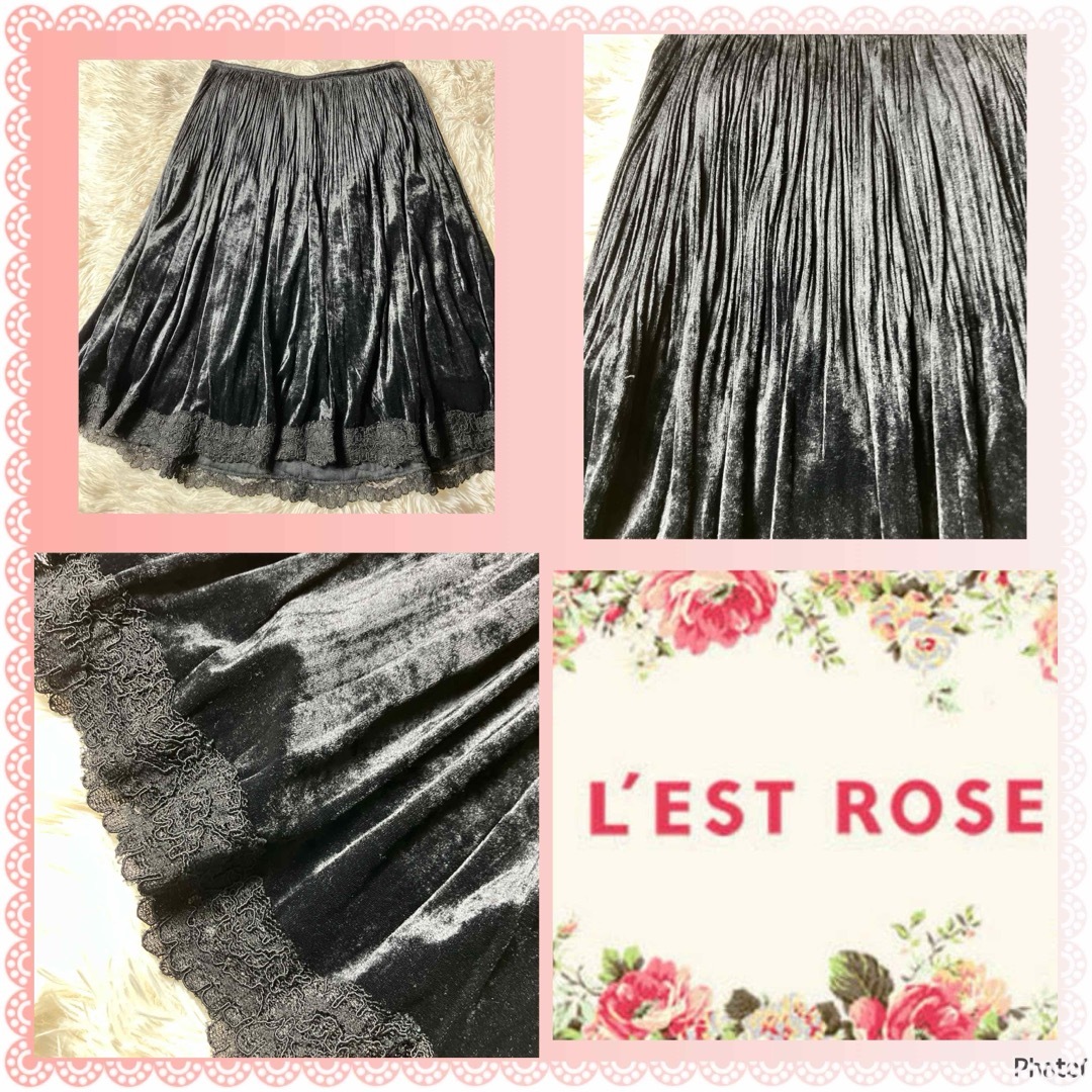 L'EST ROSE(レストローズ)のレストローズ★良品★レースパイピング★膝下丈★細プリーツ★ベロアスカート レディースのスカート(ひざ丈スカート)の商品写真