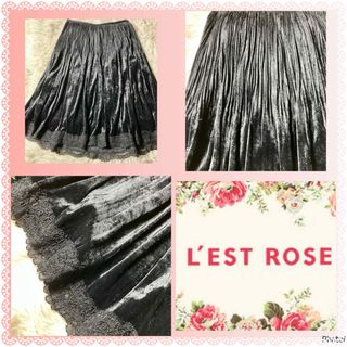 レストローズ(L'EST ROSE)のレストローズ★良品★レースパイピング★膝下丈★細プリーツ★ベロアスカート(ひざ丈スカート)