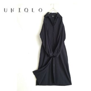 ユニクロ(UNIQLO)の【 UNIQLO 】ロングシャツワンピース 前開きロングワンピース ネイビー(ロングワンピース/マキシワンピース)