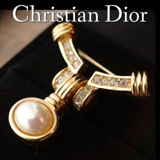 クリスチャンディオール(Christian Dior)の希少美品　Dior ヴィンテージ　スウィングブローチ　ゴールド　パール　35(ブローチ/コサージュ)