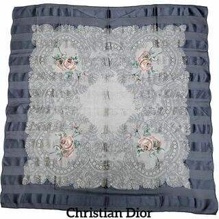 クリスチャンディオール(Christian Dior)のChristian Dior スカーフ  83×83 ボーダー 花柄 グレー(バンダナ/スカーフ)