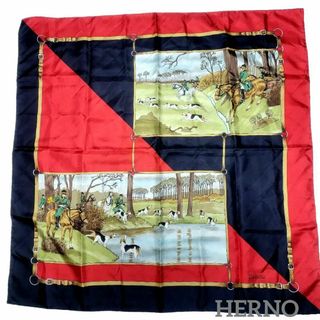 ヘルノ(HERNO)の【美品】HERNO スカーフ  85×85 ブラック レッド 蹄柄(バンダナ/スカーフ)