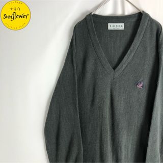 【ニット　セーター　刺繍デザイン　Ｖネック　マトンスリーブ　深緑　古着】(ニット/セーター)