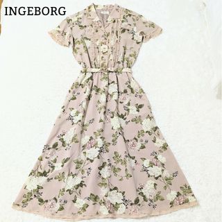 インゲボルグ(INGEBORG)の極美品 インゲボルグ ロングワンピース 花柄 レース ピンタック S ピンク(ロングワンピース/マキシワンピース)