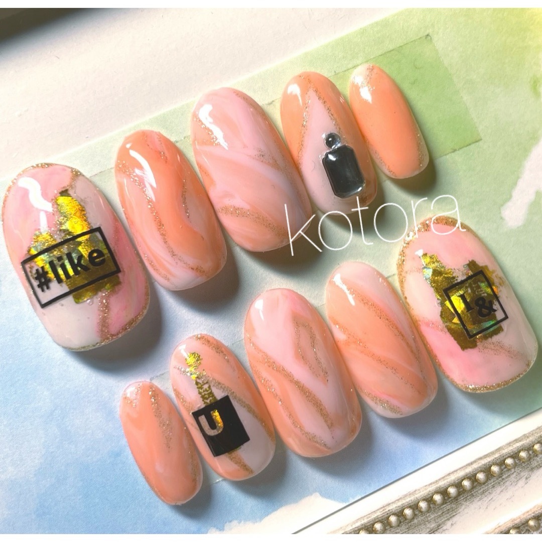 《Sato》 ニュアンス ピンク ハッシュタグ ラメ ジェル ネイルチップ ハンドメイドのアクセサリー(ネイルチップ)の商品写真