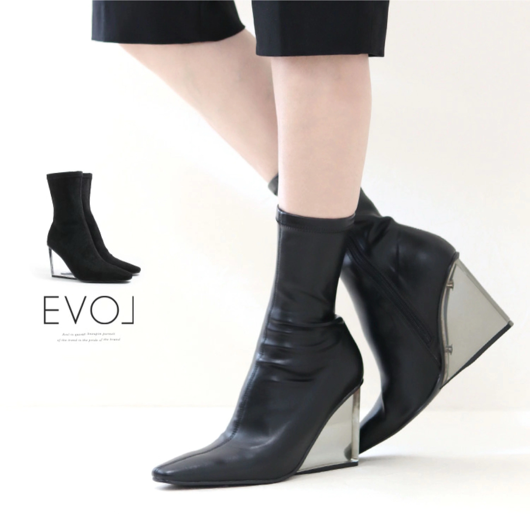 EVOL(イーボル)の未使用新品 EVOL イーボル 9cmクリアウエッジ ヒールストレッチブーツ レディースの靴/シューズ(ブーツ)の商品写真