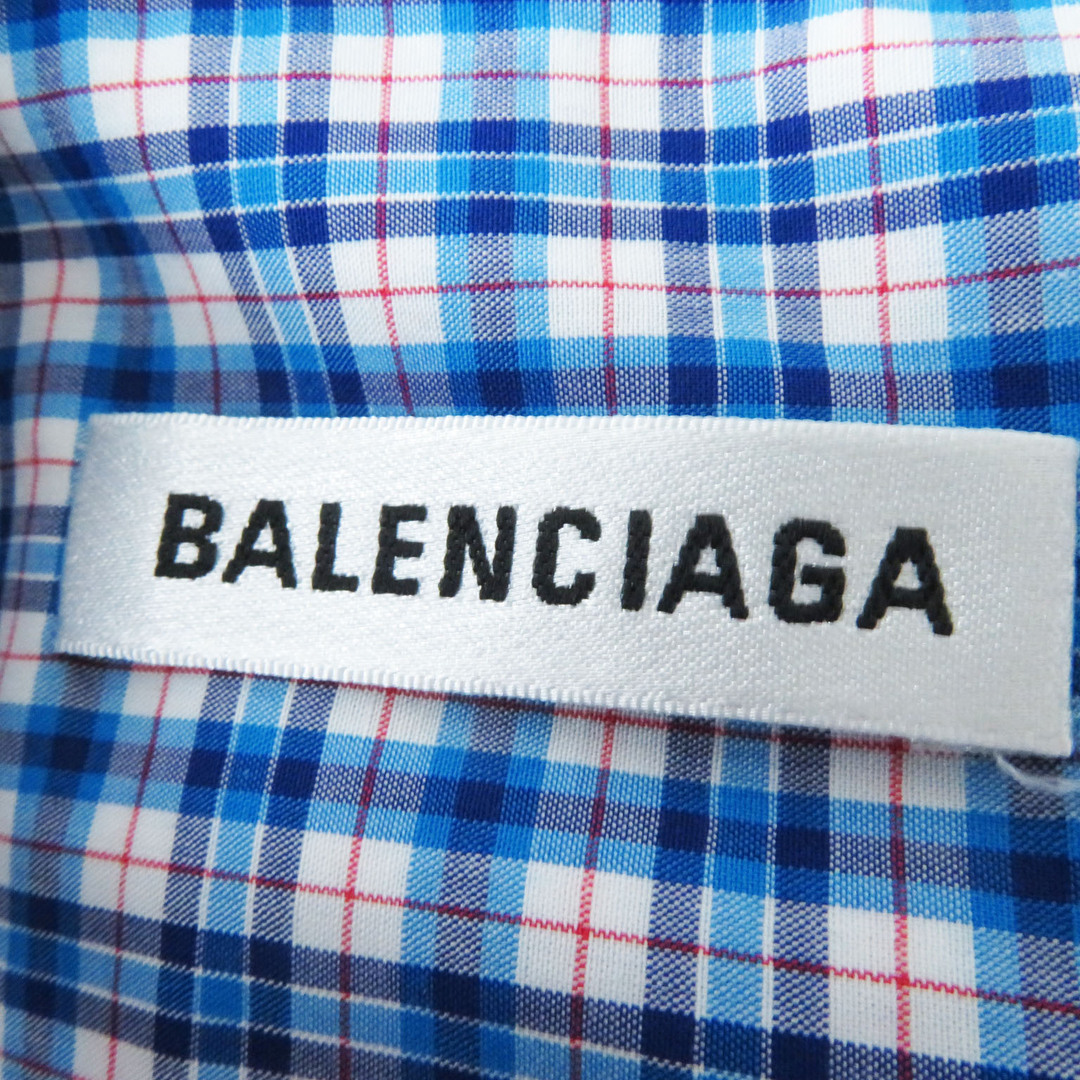 Balenciaga(バレンシアガ)の未使用品 BALENCIAGA バレンシアガ 518188 ウィングカラー オーバーサイズ 長袖 ロングシャツワンピース ブルー×レッド×ホワイト チェック柄 34 イタリア製 正規品 レディース レディースのワンピース(その他)の商品写真