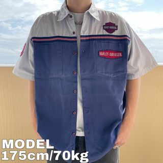 ハーレーダビッドソン(Harley Davidson)のハーレーダビッドソン 半袖シャツ XL 刺繍ビッグロゴ 白 青 赤 7736(その他)