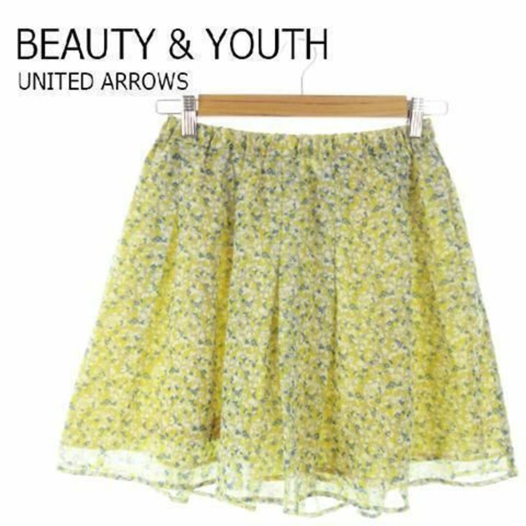 BEAUTY&YOUTH UNITED ARROWS(ビューティアンドユースユナイテッドアローズ)のB&Y ミニスカート フレア ギャザー 花柄 ベージュ 黄 230502AH6A レディースのスカート(ミニスカート)の商品写真