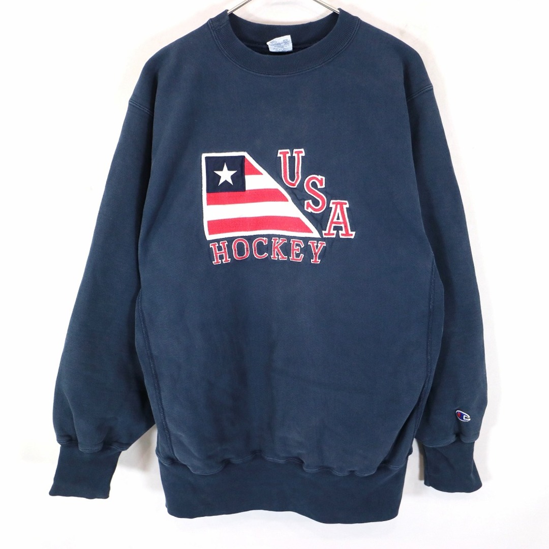 Champion(チャンピオン)の90年代 Champion チャンピオン 刺タグ リバースウィーブ USA HOCKEY スウェット 大きいサイズ ネイビー(メンズ X-LARGE)  O1438 中古 古着 メンズのトップス(スウェット)の商品写真