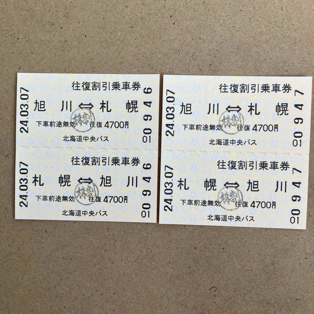 北海道中央バス　札幌〜旭川　　　　　　　　　往復乗車券(２往復分) チケットの乗車券/交通券(その他)の商品写真