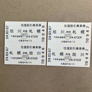 北海道中央バス　札幌〜旭川　　　　　　　　　往復乗車券(２往復分)(その他)