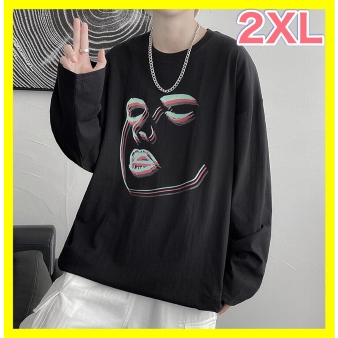 長袖Tシャツ　ゆったりメンズ　２XL　黒　個性的なデザイン感プリント メンズのトップス(Tシャツ/カットソー(七分/長袖))の商品写真