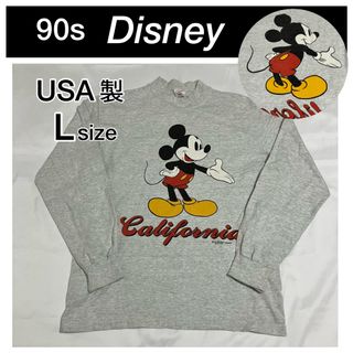 ディズニー(Disney)のUSA製 90s ミッキーマウス 両面プリント ロングTシャツ Lサイズ グレー(Tシャツ/カットソー(七分/長袖))