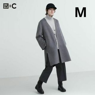 ユニクロ(UNIQLO)のダブルフェイスラップコート　ユニクロC　グレー　サイズM(ロングコート)