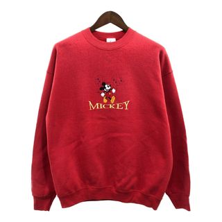 ディズニー(Disney)の90年代 USA製 Disney ディズニー MICKEY&CO. ミッキーマウス 刺繍 スウェット トップス キャラクター レッド (メンズ XL) 中古 古着 P7641(スウェット)