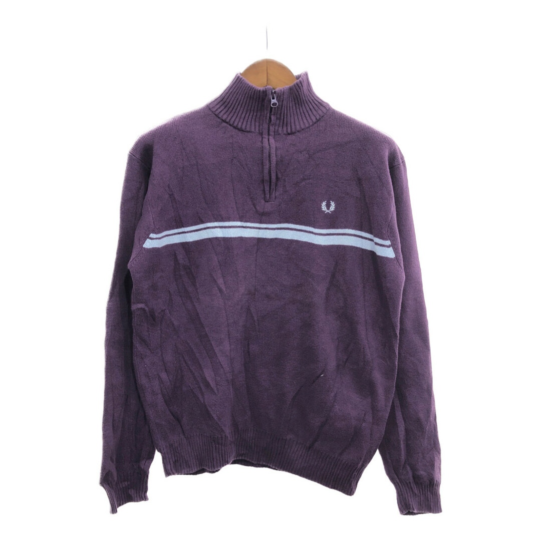 FRED PERRY(フレッドペリー)のFRED PERRY フレッドペリー ハーフジップ ドライバーズニット セーター トップス ボーダー パープル (メンズ M) 中古 古着 P7661 メンズのトップス(ニット/セーター)の商品写真