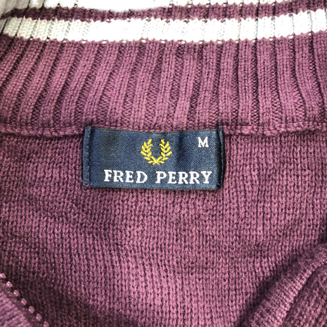 FRED PERRY(フレッドペリー)のFRED PERRY フレッドペリー ハーフジップ ドライバーズニット セーター トップス ボーダー パープル (メンズ M) 中古 古着 P7661 メンズのトップス(ニット/セーター)の商品写真