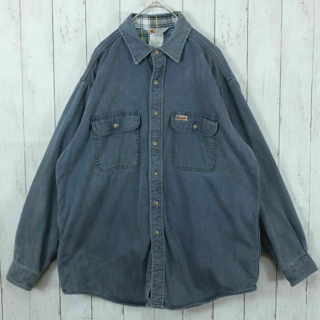 carhartt(カーハート)の【希少】カーハート 90s シャツ 裏地チェック柄 三角タグ ブルー 長袖 メンズのトップス(シャツ)の商品写真