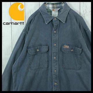 カーハート(carhartt)の【希少】カーハート 90s シャツ 裏地チェック柄 三角タグ ブルー 長袖(シャツ)