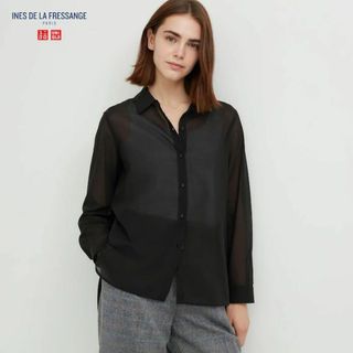 ユニクロ(UNIQLO)のイネス　コットンシアーシャツ（長袖）ブラック　ユニクロ　INES(シャツ/ブラウス(長袖/七分))