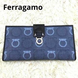 フェラガモ(Ferragamo)の★美品★フェラガモ　キャンバス生地　長財布　ガンチーニ金具　ホック　ブルー(財布)