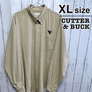 カッターアンドバック(CUTTER & BUCK)のUSA古着　ボタンダウンシャツ　XL　長袖　イエロー　チェック柄　カレッジロゴ(シャツ)