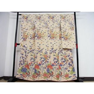 平和屋-こころ店■豪華振袖　型染め　花車文　鬼しぼ縮緬　着丈160cm　裄丈63cm　正絹　逸品　1B-np2361(振袖)