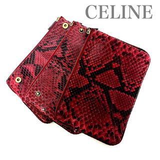 セリーヌ(celine)のセリーヌ トリオ CELINE クラッチバッグ レッド パイソン ポーチ小物入れ(ポーチ)