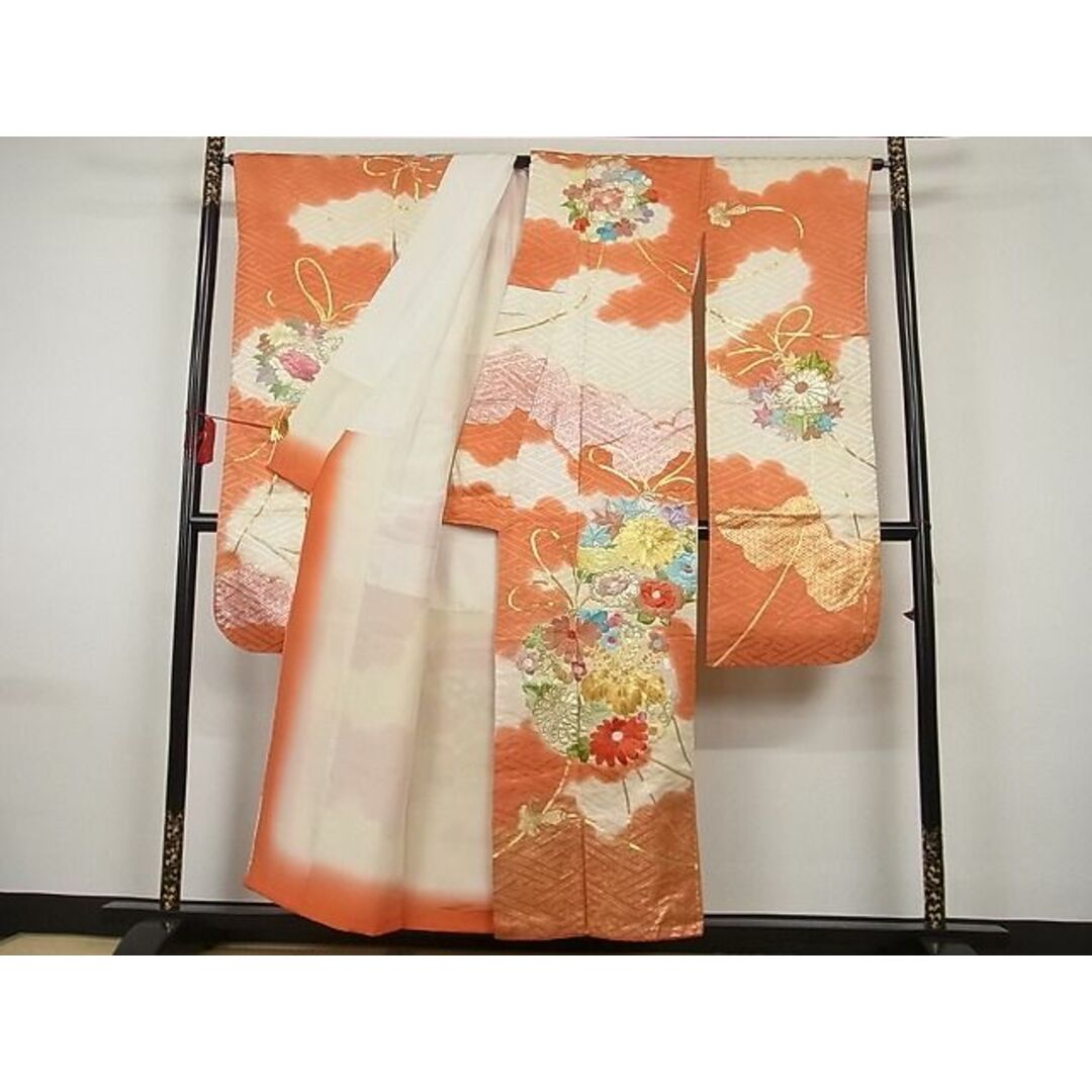 平和屋-こころ店■豪華振袖　駒刺繍　雲重ね草花丸紐文　暈し染め　金銀糸　金銀彩　着丈151.5cm　裄丈66cm　正絹　逸品　A-br7893 レディースの水着/浴衣(振袖)の商品写真