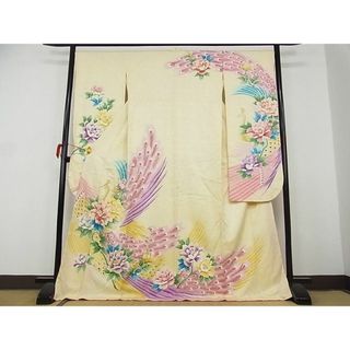 平和屋-こころ店■豪華振袖　駒刺繍　孔雀花文　暈し染　金彩　着丈171.5cm　裄丈68cm　正絹　逸品　1B-wt1910(振袖)