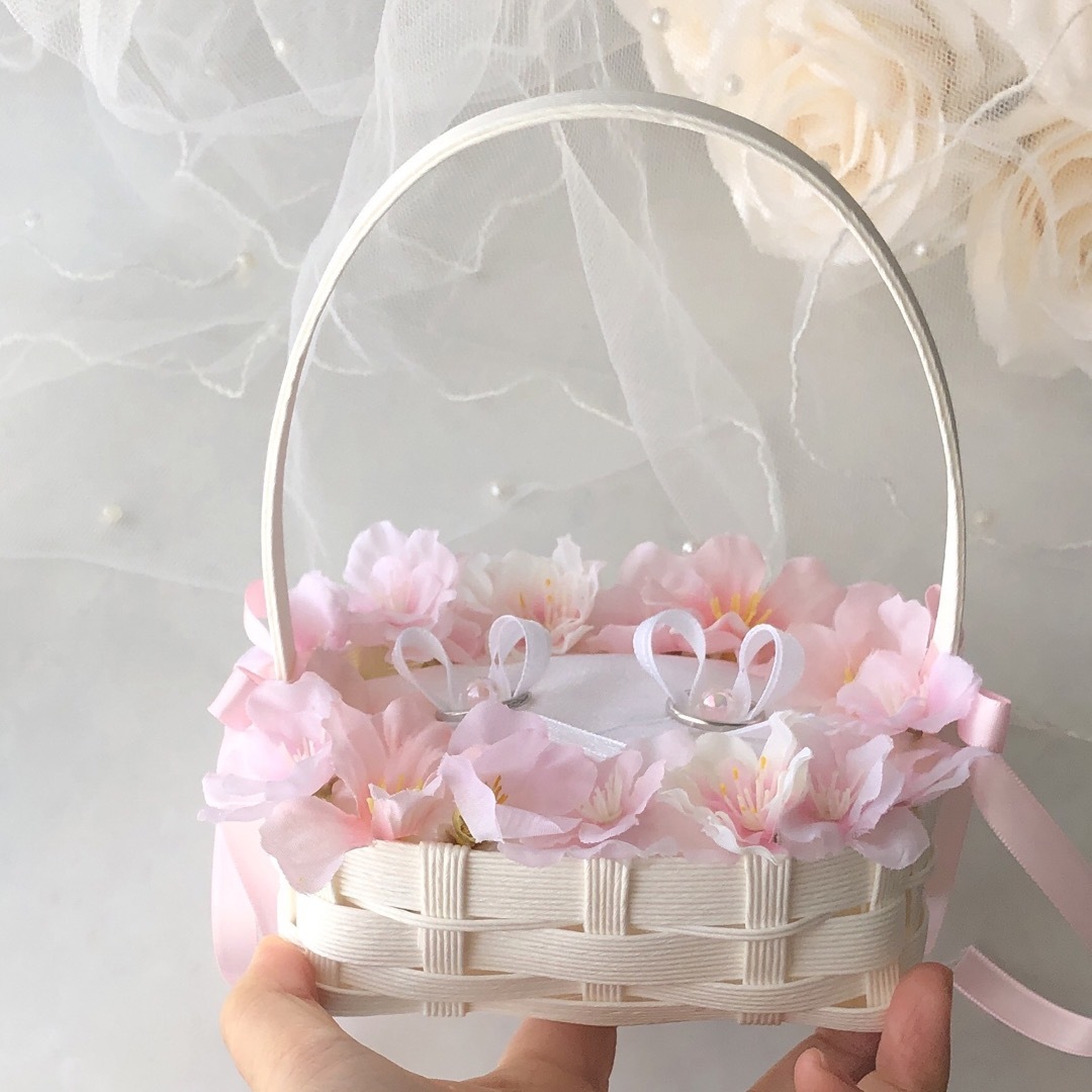 No.49／再販♡さくら♡桜♡春婚♡ウエディング リングピロー かご　カゴ♡ ハンドメイドのウェディング(リングピロー)の商品写真