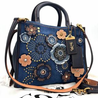 コーチ(COACH)の【未使用級】 コーチ　ローグ25  ティーローズ　デニム　ハンドバッグ　2way(ハンドバッグ)