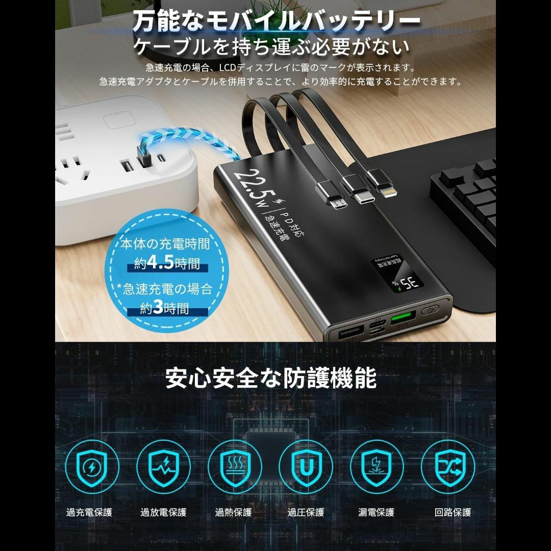 KOMOI モバイルバッテリー 10000mAh 2個セット 各種ケーブル内臓 スマホ/家電/カメラのスマートフォン/携帯電話(バッテリー/充電器)の商品写真