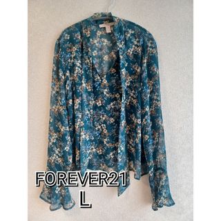 フォーエバートゥエンティーワン(FOREVER 21)の【FOREVER21】シアー ブラウス 花柄 グリーン 袖フレア ボウタイ(シャツ/ブラウス(長袖/七分))