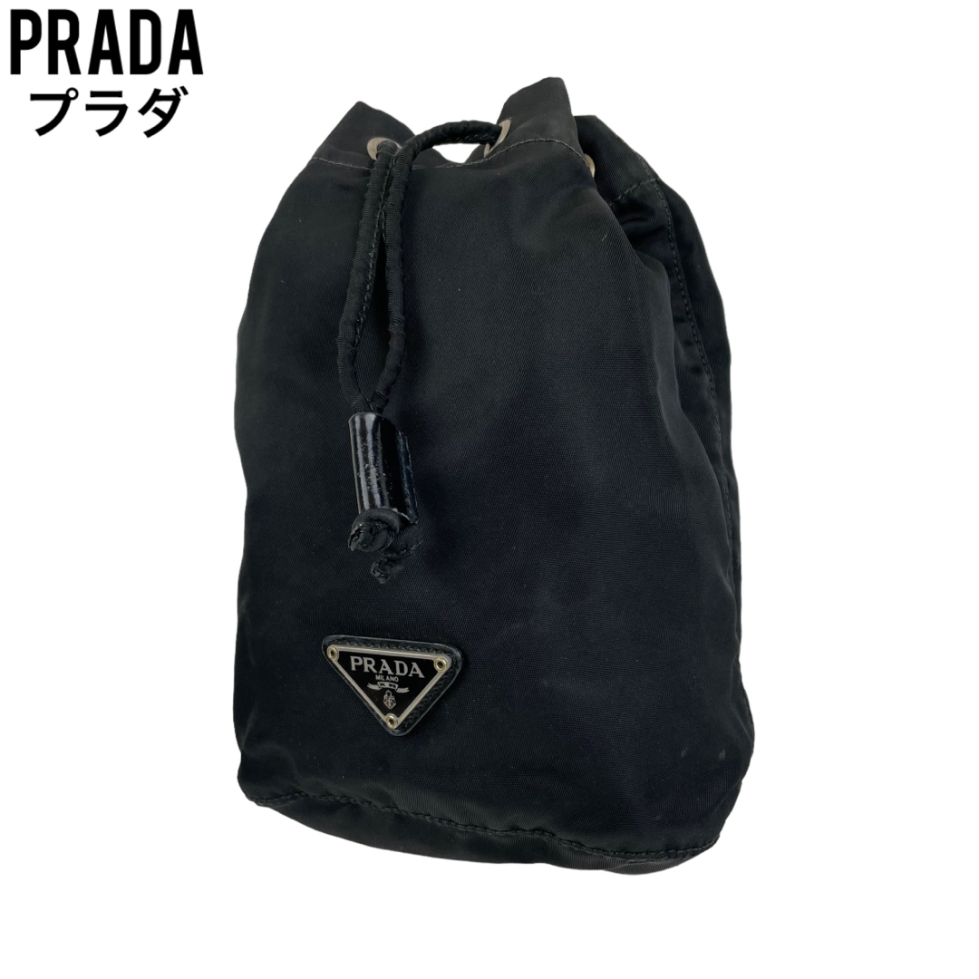 PRADA - 良品 PRADA プラダ ポーチ バニティ 巾着 三角ロゴ ブラック