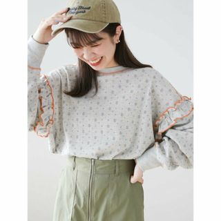 グリーンパークス(green parks)の【杢グレー】Double Flags フラワーptワッフルロンTEE 24SSフリル/長袖/クルーネック/花柄(カットソー(長袖/七分))