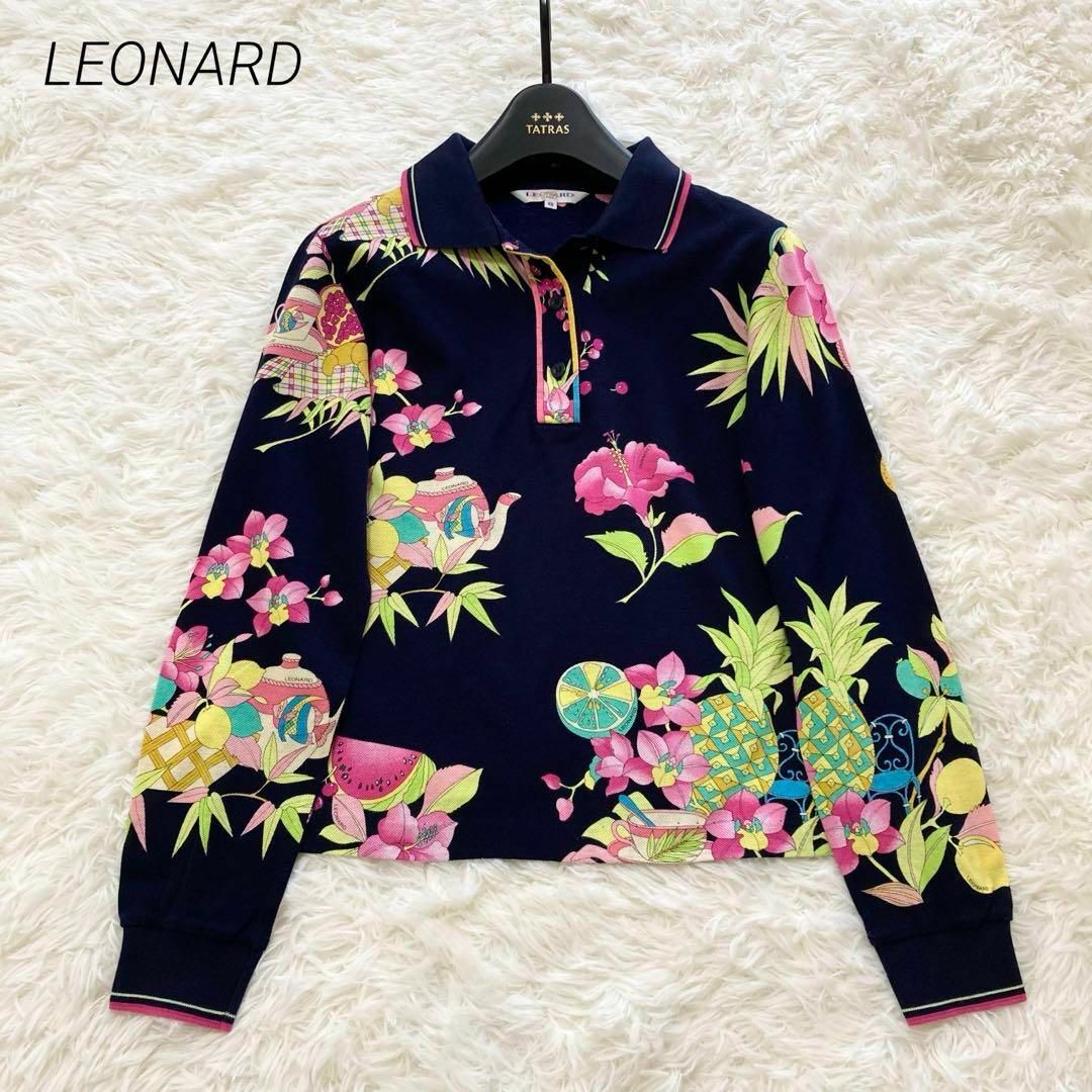 美品♡ LEONARD ポロシャツ　長袖　花柄　トリム　ネイビー　サイズ40