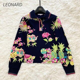 レオナール(LEONARD)の美品♡ LEONARD ポロシャツ　長袖　花柄　トリム　ネイビー　サイズ40(ポロシャツ)