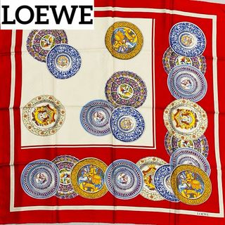 ロエベ(LOEWE)の美品 ★LOEWE★ スカーフ 大判 絵皿 シルク レッド ホワイト ケース付(バンダナ/スカーフ)