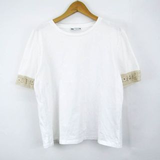 ザラ(ZARA)のザラ 半袖Tシャツ トップス カットソー 袖クロシェ レディース Lサイズ ホワイト ZARA(Tシャツ(半袖/袖なし))